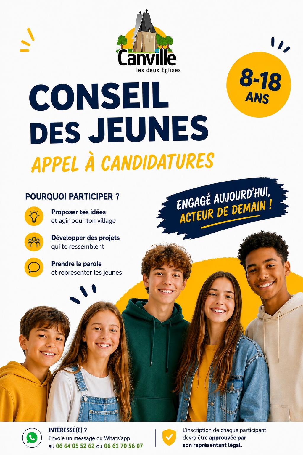 Affiche du Conseil des jeunes de Canville-les-Deux-Églises : appel à candidatures, 8-18 ans