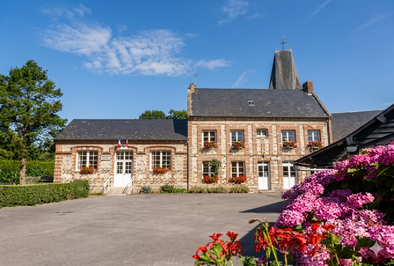 La mairie de Canville-les-Deux-Églises et son parvis fleuri