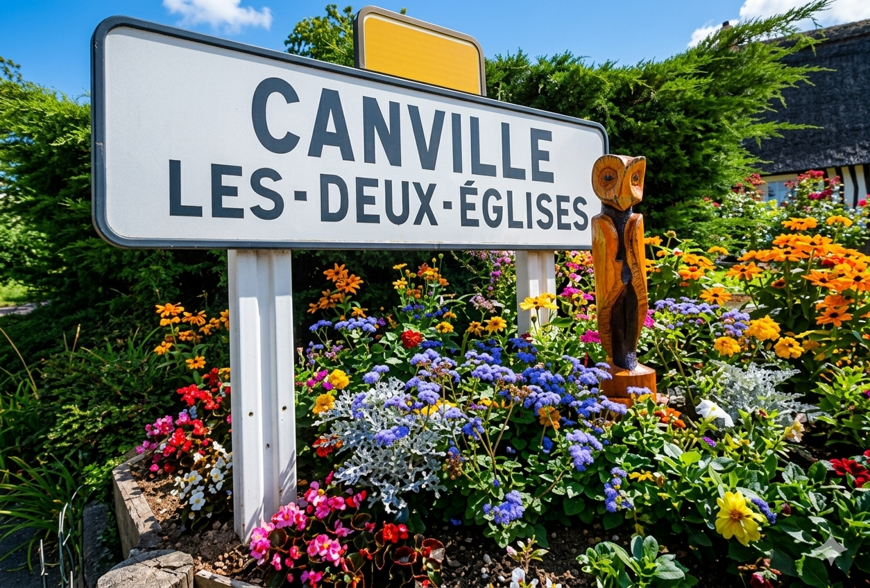 Panneau d'entrée fleuri du village de Canville-les-Deux-Églises en Seine-Maritime