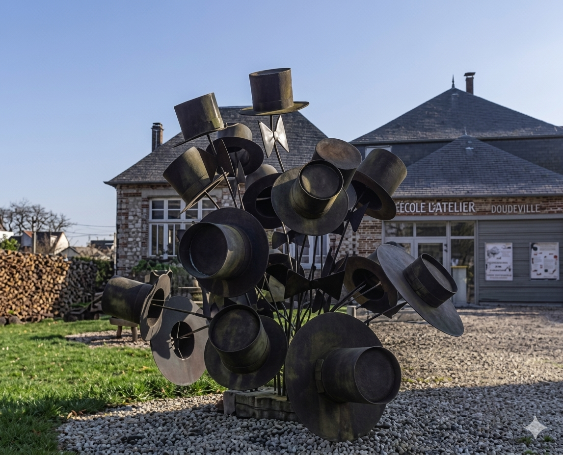 Sculpture en hommage à Roger Douville devant son ancien atelier